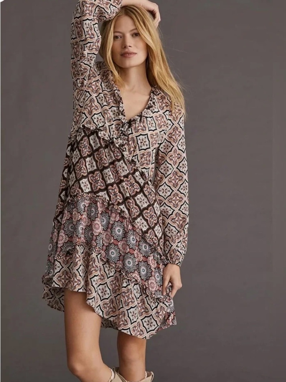Anthropologie Patchwork Print Midi Dress in Brown and Pink